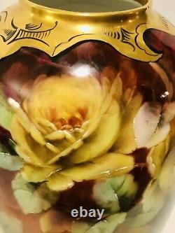 Pitkin & Brooks Limoges Goa France Hand Painted Roses Vase 11.5 Artist Signed