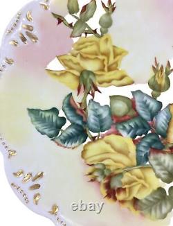 Platter AK Limoges France Hand Painted Yellow Roses Gold Gilded 13 Signed 1900s