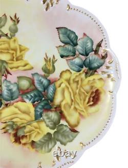 Platter AK Limoges France Hand Painted Yellow Roses Gold Gilded 13 Signed 1900s