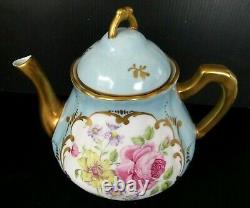 Porcelaine de FRANCE Hand Painted Cabbage Rose Heavy Gold Gilt Teapot Vintage