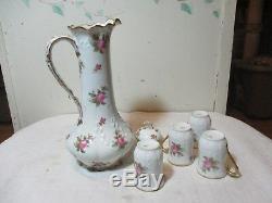 Pre Owned Limoges Chocolate Pot & 4 cups Hand Painted Roses Green & Red Markings