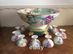 Punch Bowl Huge Antique Hand Painted Limoges Punch Bowl, Stand +10 Goblets 1892