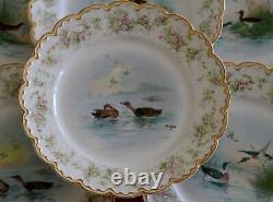 RARE! 12 Haviland Limoges Plates HandPainted Game Birds Roses Dble Gold! Signed