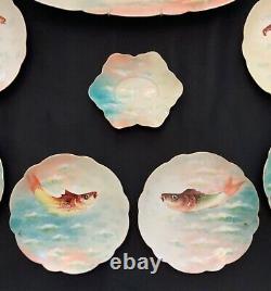 RARE? Antique Limoges Lambeau Hand Painted Fish Plate Set of 8