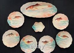 RARE? Antique Limoges Lambeau Hand Painted Fish Plate Set of 8