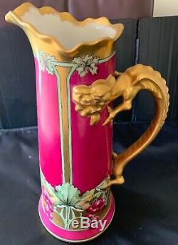 RARE J. P. L LIMOGES HAND PAINTED 15 in TANKARD PINK GOLD GRAPES DRAGON HANDLE