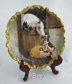 RARE Limoges France Signed Hand Painted Horse Colt with Dog & Puppies 12 Charger