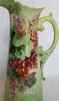 Rare Antique Haviland Limoges France Tankard/pitcher Hand Painted Berries 12 3/4