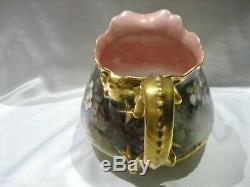 Rare Antique Jpl France Hand Painted Signed Grapes Dragon Handle Pitcher