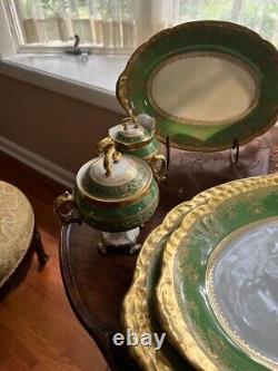 Rare Antique Limoges Green and Gold Hand Painted China Service Plates