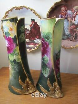 Rare Limoges Coronet France Hand Painted Set Of 3 Huge Vase Roses Signed Rancon