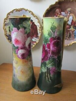 Rare Limoges Coronet France Hand Painted Set Of 3 Huge Vase Roses Signed Rancon