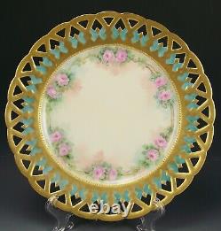 Rare Limoges France Hand Painted Roses Torquoise Raised Gold Reticulate Plate