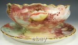Rare Limoges Hand Painted Seafood Sea Life Mayonaise Bowl Attached Underplate