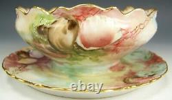 Rare Limoges Hand Painted Seafood Sea Life Mayonaise Bowl Attached Underplate