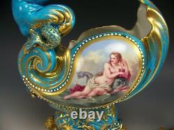 Rare Pair Of Sevres Style Hand Painted Semi Nude Raised Gold Jewels Cornucopias
