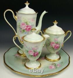 Rare Set Limoges Hand Painted Roses Tea Coffee Set & Tray Artist Signed