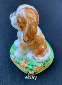 Rochard Hand Painted Limoges Porcelain Trinket Box King Charles Spaniel Dog