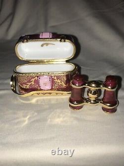 Rochard Limoges France Hand Painted Pink Binoculars and Case Trinket Box