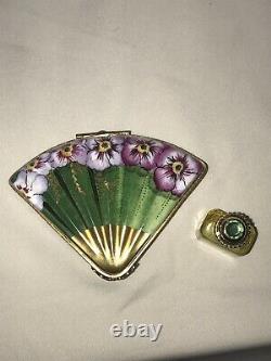 Rochard Limoges Hand Painted Porcelain Fan Shaped trinket box with cologne