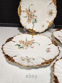 SET OF 4- Antique Limoges France Hand Painted Pink Flowers Gold Cabinet Plates