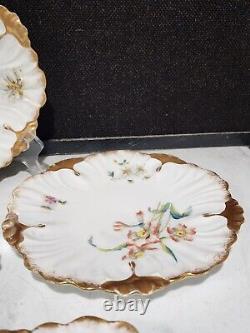 SET OF 4- Antique Limoges France Hand Painted Pink Flowers Gold Cabinet Plates