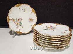 SET OF 8- Antique Limoges France Hand Painted Pink Flowers Gold Cabinet Plates