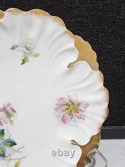 SET OF 8- Antique Limoges France Hand Painted Pink Flowers Gold Cabinet Plates