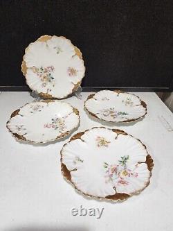 SET OF 8- Antique Limoges France Hand Painted Pink Flowers Gold Cabinet Plates