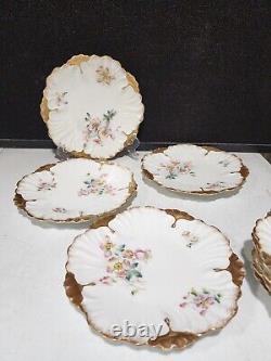 SET OF 8- Antique Limoges France Hand Painted Pink Flowers Gold Cabinet Plates