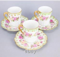 STUNNING ANTIQUE LIMOGES Hand Painted Signed Hot Cocoa Set 3 Cups and Saucers