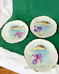 Set/6 Antique LIMOGES Hand Painted Fish Plates Artist Signed 8.75 France