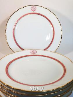 Set 6 Le Rosey Old Paris Porcelain Dinner Plates Pink Band Gold Gilt Monogram