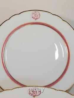Set 6 Le Rosey Old Paris Porcelain Dinner Plates Pink Band Gold Gilt Monogram