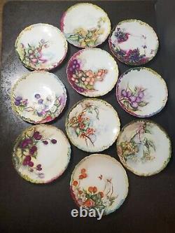 Set Of 10 Limoges Hand- Painted Berries Gilt Plates D 8 1/4