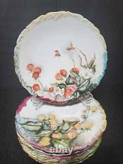 Set Of 10 Limoges Hand- Painted Berries Gilt Plates D 8 1/4