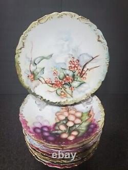 Set Of 10 Limoges Hand- Painted Berries Gilt Plates D 8 1/4