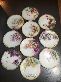 Set Of 10 Limoges Hand- Painted Berries Gilt Plates D 8 1/4