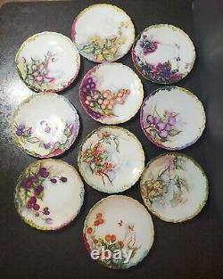 Set Of 10 Limoges Hand- Painted Berries Gilt Plates D 8 1/4