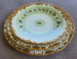Set Of 3 Plates T&v France Limoges Antique Hand Painted Heavy Gold Daisy Daisies