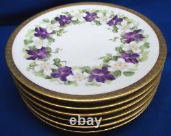 Set Of 6 T & V Limoges Hand-painted Purple & White Violets 8.75dia Luncheon / D