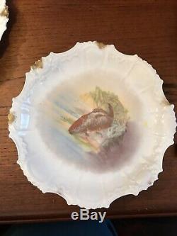 Set of 12 Antique Hand painted gold limoges Fish gaming plates & 1 large plate