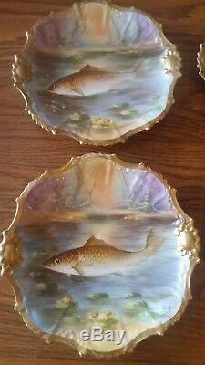 Set of 4 ANTIQUE LIMOGES HAND PAINTED Fish SIGNED 9 Plates Gold Rim Beautiful