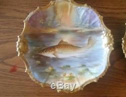 Set of 4 ANTIQUE LIMOGES HAND PAINTED Fish SIGNED 9 Plates Gold Rim Beautiful