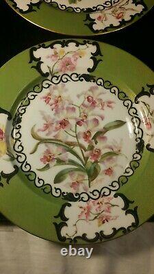 Set of 4 Limoges Plates Hand Painted Signed Flower Orchid Green 10 ½ Exquisite