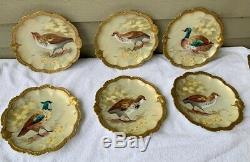 Set of 6 ANTIQUE LIMOGES France Handpainted Game Plates Sgn. NORYS