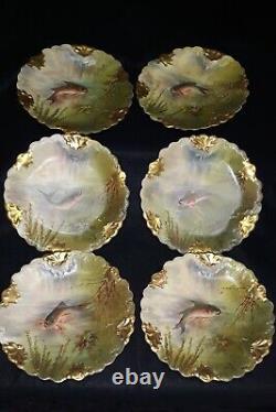 Set of 6 Vntg. French Limoges 9 Hand Painted Fish Plates Gold Trimmed Scalloped