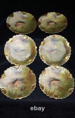 Set of 6 Vntg. French Limoges 9 Hand Painted Fish Plates Gold Trimmed Scalloped
