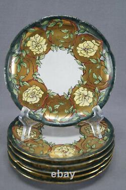 Set of 6 WG Limoges Hand Painted Signed Art Nouveau Yellow Roses & Gold Plates