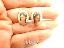 Signed Florenza Limoges Hand Painted Porcelain Cameo Clip On Earrings Vintage